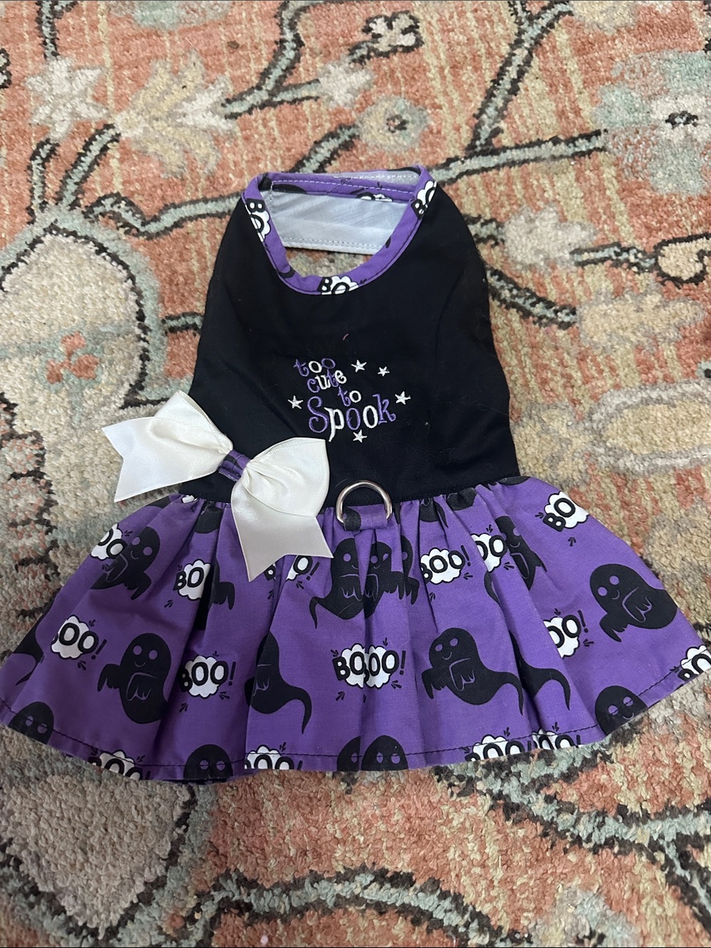 Purple Ghost Print Dog Dress with White Bow